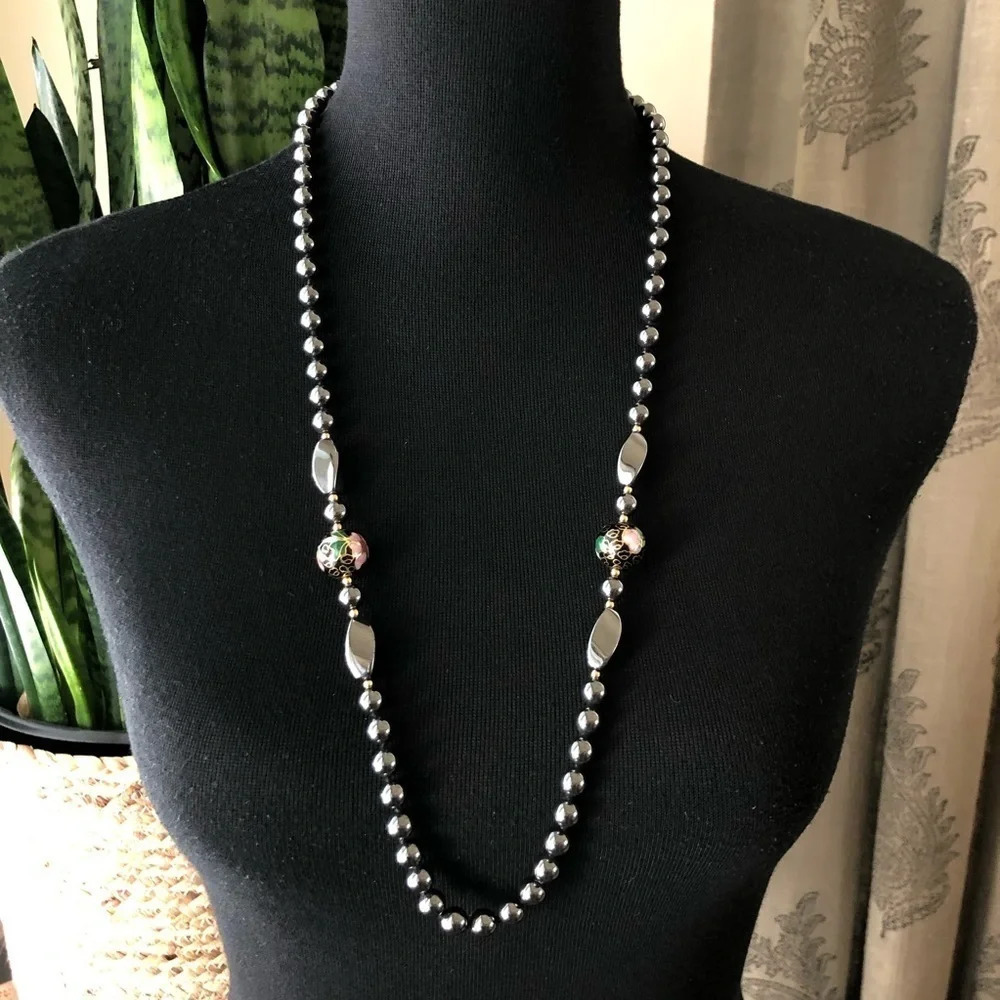 31” 8.25mm Heavy Hematite Beaded Necklace with Cloisonné & 14Kt gold accent bead